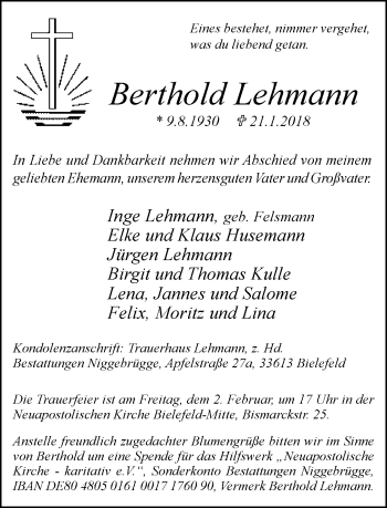 Traueranzeige von Berthold Lehmann von Neue Westfälische