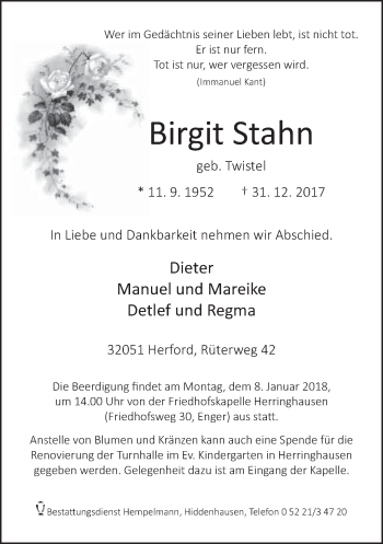 Traueranzeige von Birgit Stahn von Neue Westfälische