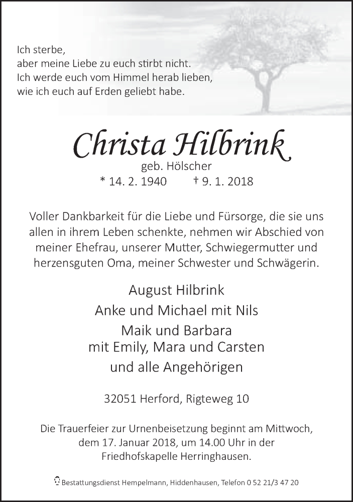  Traueranzeige für Christa Hilbrink vom 11.01.2018 aus Neue Westfälische