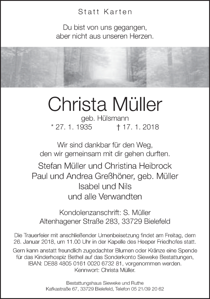  Traueranzeige für Christa Müller vom 22.01.2018 aus Neue Westfälische