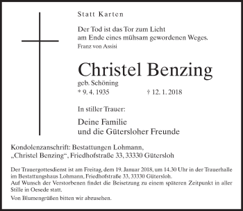 Traueranzeige von Christel Benzing von Neue Westfälische