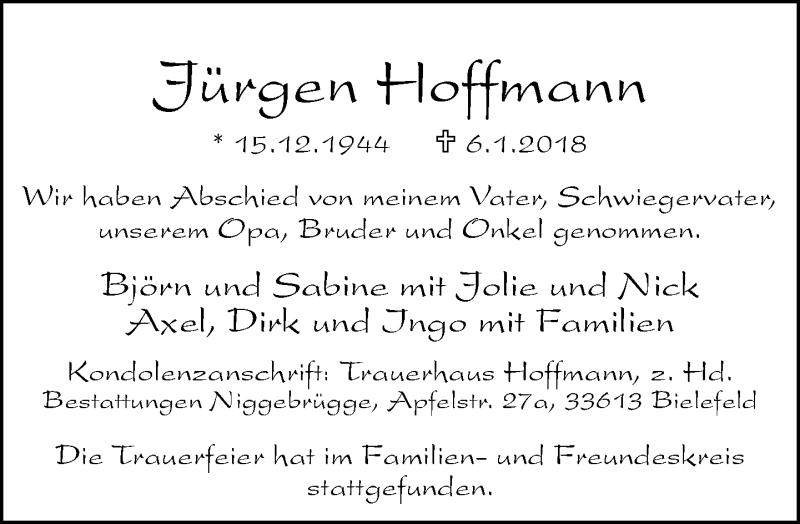  Traueranzeige für Cuitg en- offmann vom 13.01.2018 aus Neue Westfälische