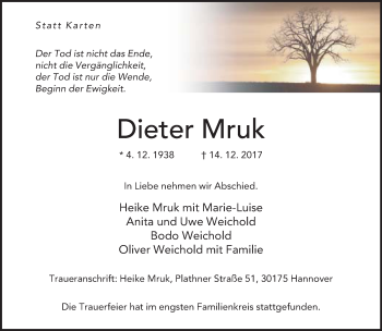 Traueranzeige von Dieter Mruk von Neue Westfälische