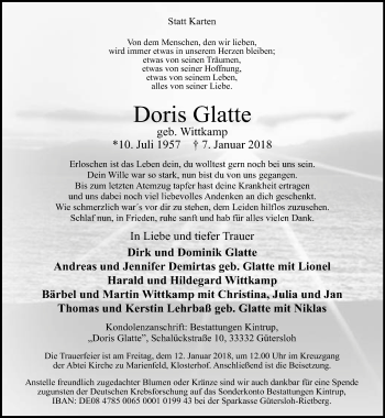 Traueranzeige von Doris Glatte von Neue Westfälische