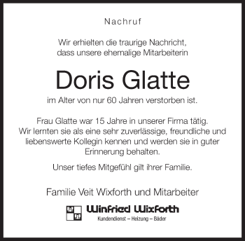 Traueranzeige von Doris Glatte von Neue Westfälische