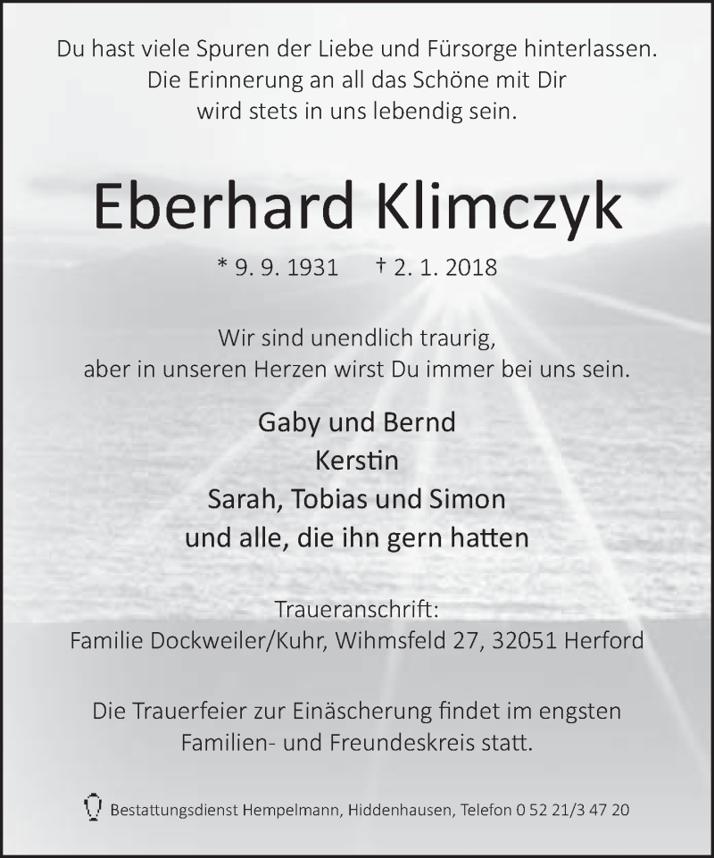  Traueranzeige für Eberhard Klimczyk vom 03.01.2018 aus Neue Westfälische