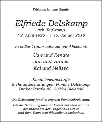 Traueranzeige von Elfriede Delskamp von Neue Westfälische