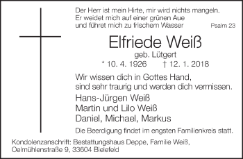 Traueranzeige von Elfriede Weiß von Neue Westfälische