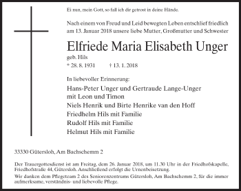 Traueranzeige von Elfriede Maria Elisabeth Unger von Neue Westfälische