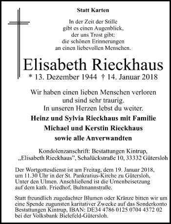 Traueranzeige von Elisabeth Rieckhaus von Neue Westfälische