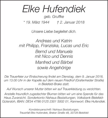 Traueranzeige von Elke Hufendiek von Neue Westfälische