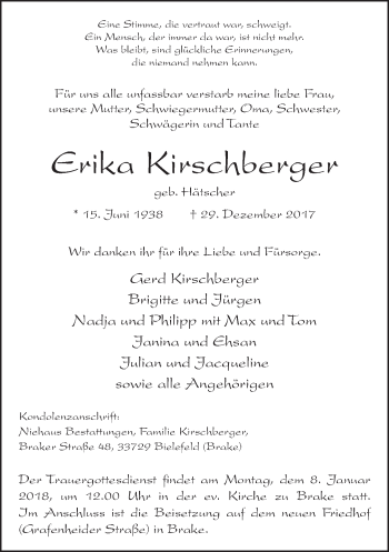 Traueranzeige von Erika Kirschberger von Neue Westfälische