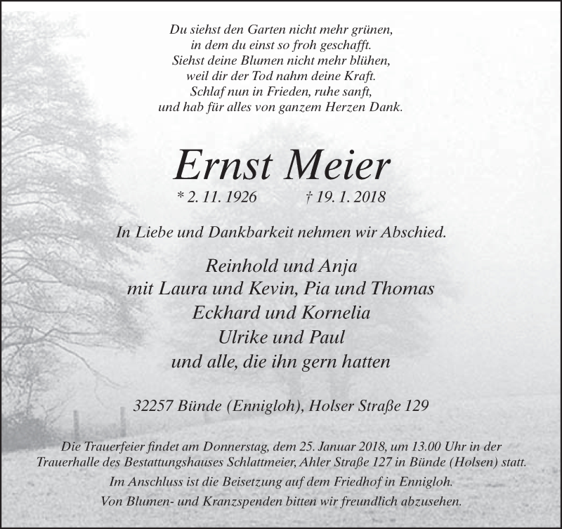  Traueranzeige für Ernst Meier vom 22.01.2018 aus Neue Westfälische
