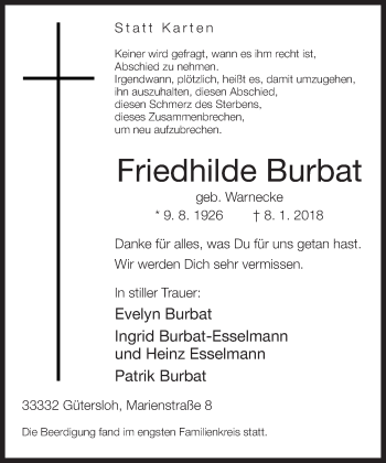 Traueranzeige von Friedhilde Burbat von Neue Westfälische