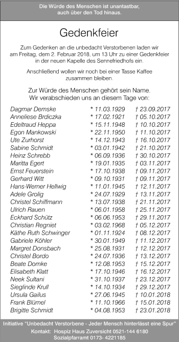 Traueranzeige von Gedenkfeier  von Neue Westfälische