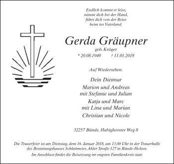 Traueranzeige von Gerda Gräupner von Neue Westfälische