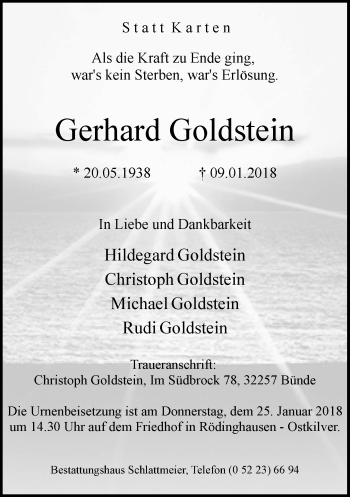 Traueranzeige von Gerhard Goldstein von Neue Westfälische