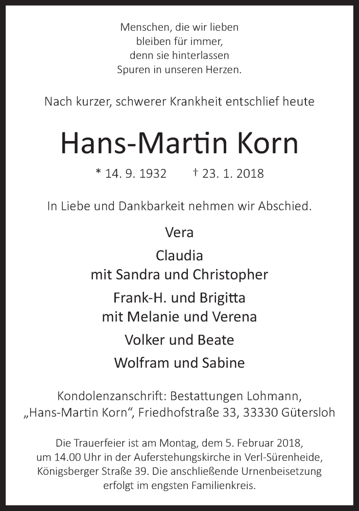  Traueranzeige für Hans-Martin Korn vom 27.01.2018 aus Neue Westfälische