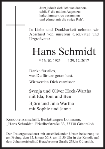 Traueranzeige von Hans Schmidt von Neue Westfälische