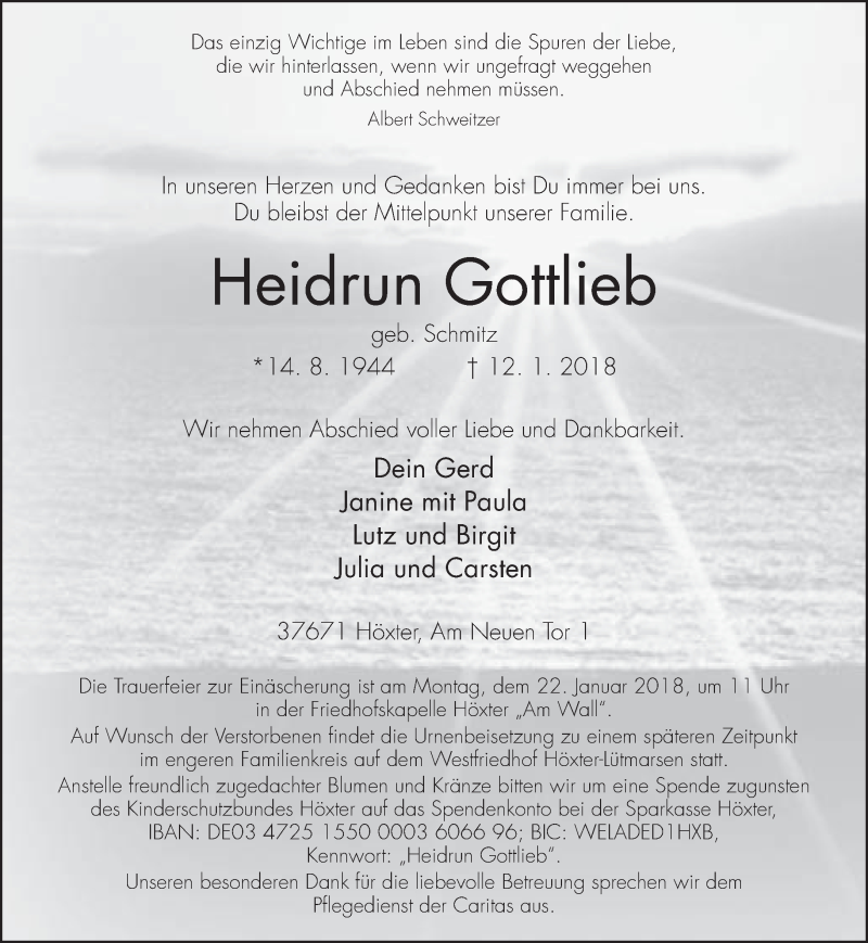  Traueranzeige für Heidrun Gottlieb vom 16.01.2018 aus Neue Westfälische