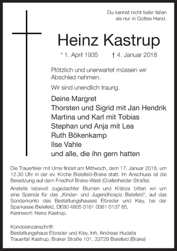 Traueranzeige von Heinz Kastrup von Neue Westfälische