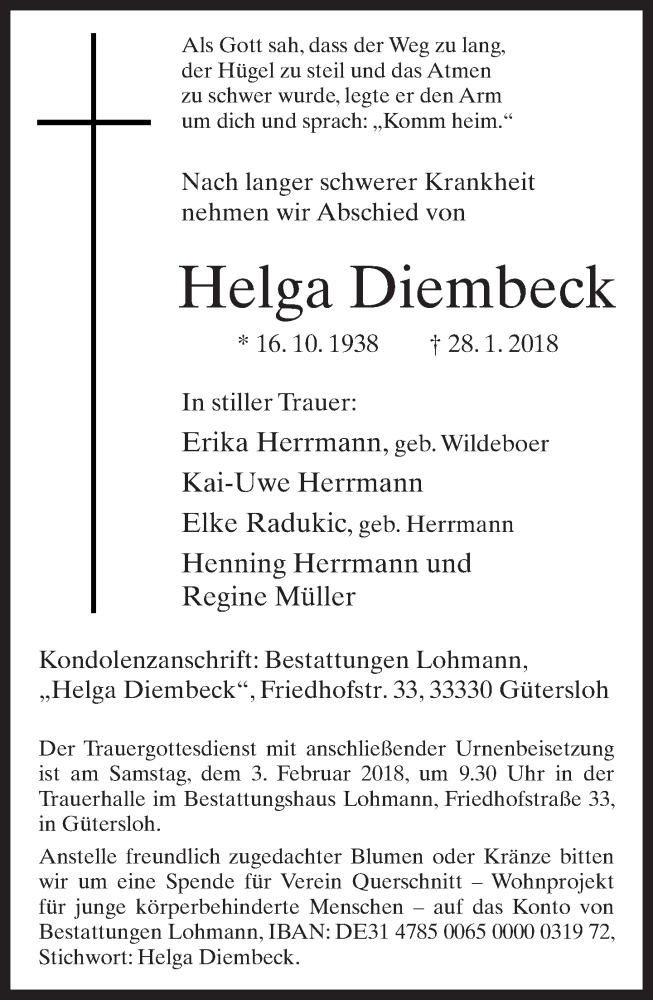  Traueranzeige für Helga Diembeck vom 31.01.2018 aus Neue Westfälische