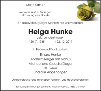 Traueranzeige von Helga Hunke von Neue Westfälische