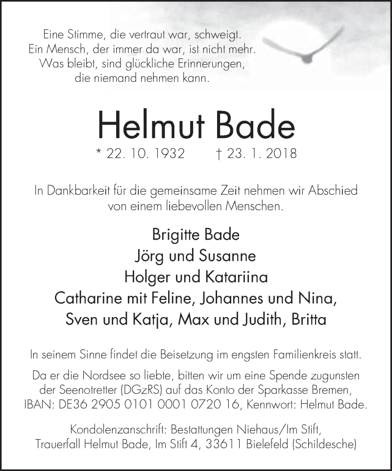  Traueranzeige für Helmut Bade vom 27.01.2018 aus Neue Westfälische