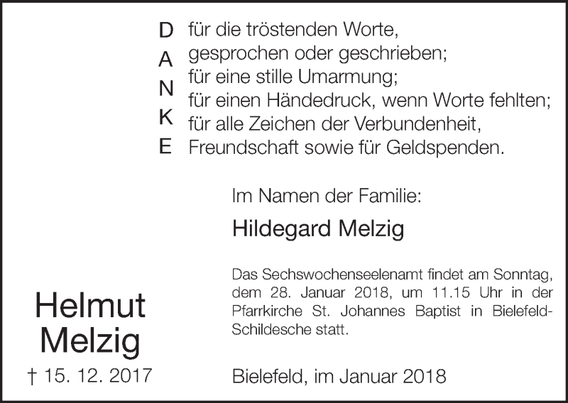  Traueranzeige für Helmut Melzig vom 20.01.2018 aus Neue Westfälische