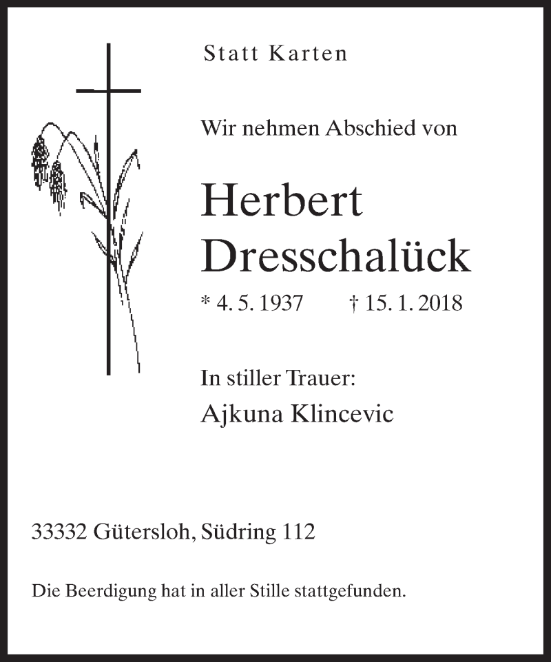  Traueranzeige für Herbert Dresschalück vom 25.01.2018 aus Neue Westfälische