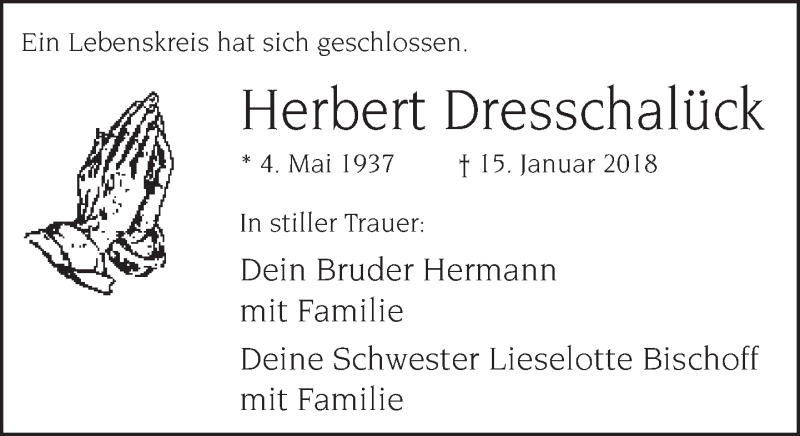  Traueranzeige für Herbert Dresschalück vom 27.01.2018 aus Neue Westfälische