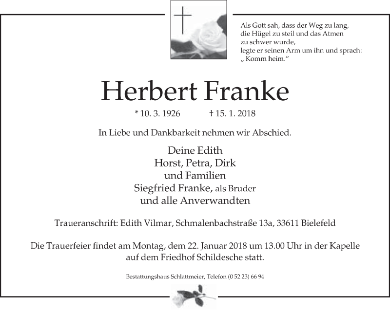  Traueranzeige für Herbert Franke vom 17.01.2018 aus Neue Westfälische