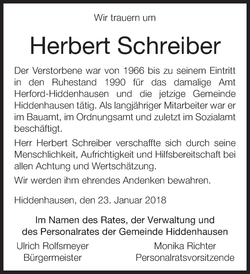  Traueranzeige für Herbert Schreiber vom 23.01.2018 aus Neue Westfälische