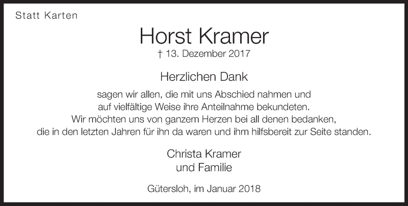  Traueranzeige für Horst Kramer vom 06.01.2018 aus Neue Westfälische