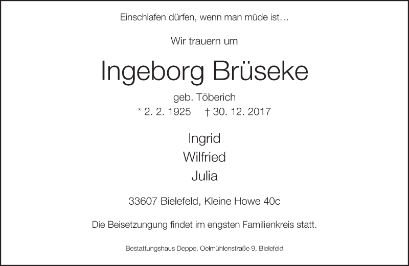  Traueranzeige für Ingeborg Brüseke vom 03.01.2018 aus Neue Westfälische