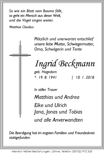 Traueranzeige von Ingrid Beckmann von Neue Westfälische