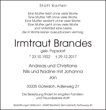 Traueranzeige von Irmtraut Brandes von Neue Westfälische