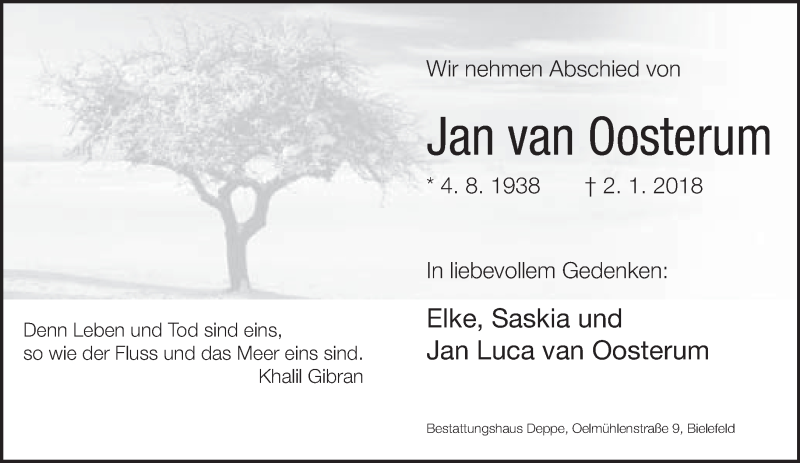  Traueranzeige für Jan van Oosterum vom 06.01.2018 aus Neue Westfälische