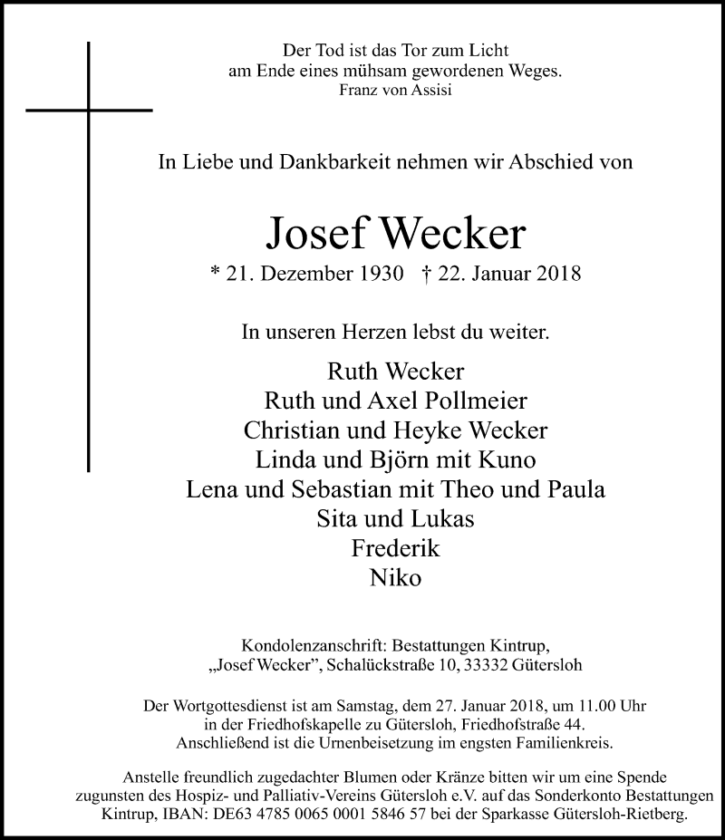  Traueranzeige für Josef Wecker vom 24.01.2018 aus Neue Westfälische