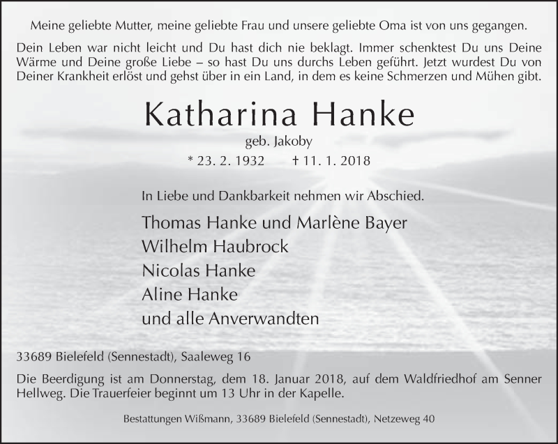  Traueranzeige für Katharina Hanke vom 15.01.2018 aus Neue Westfälische