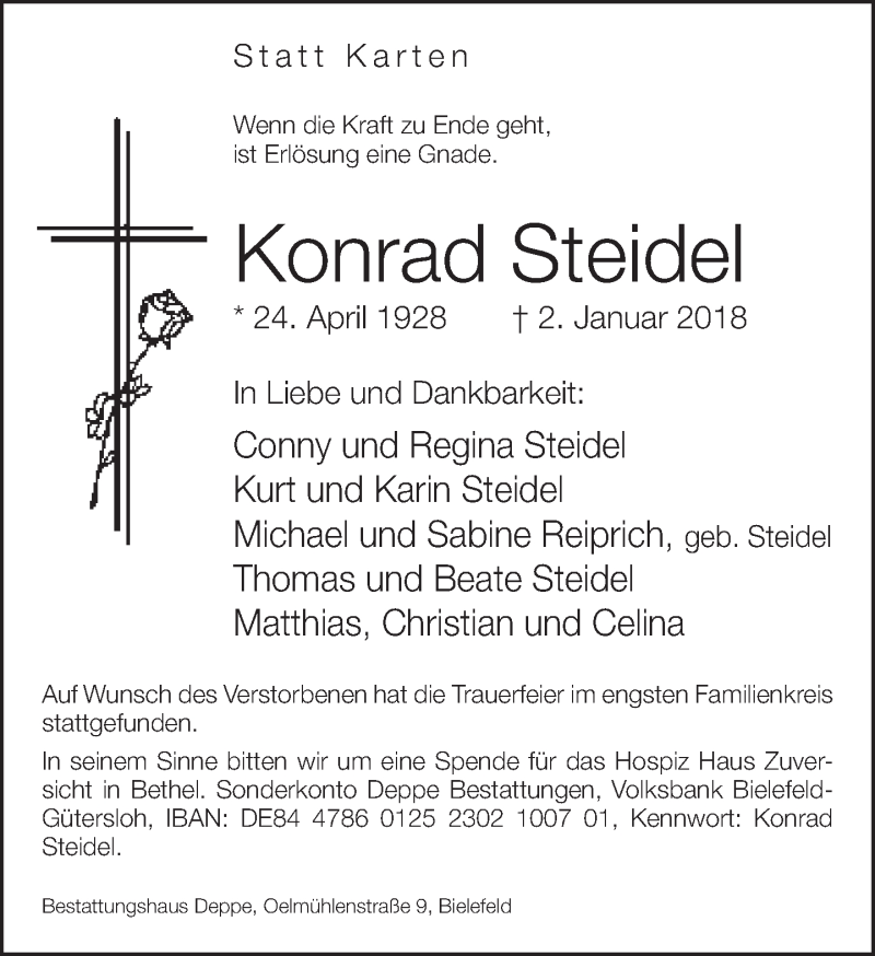  Traueranzeige für Konrad Steidel vom 13.01.2018 aus Neue Westfälische