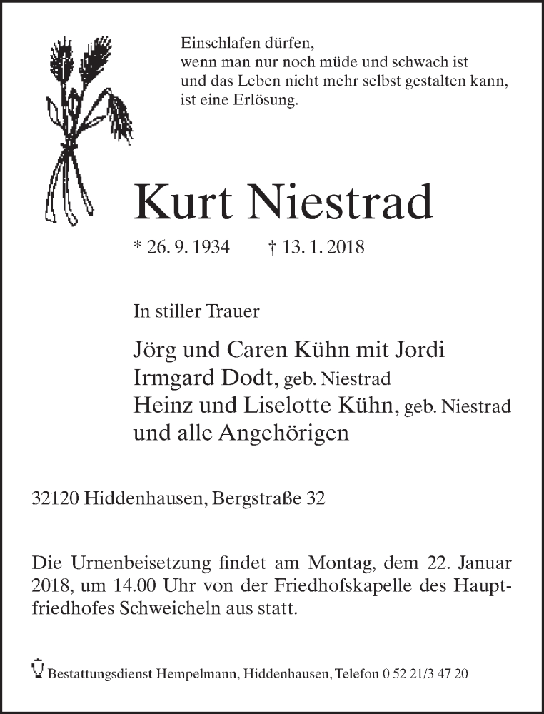  Traueranzeige für Kurt Niestrad vom 17.01.2018 aus Neue Westfälische