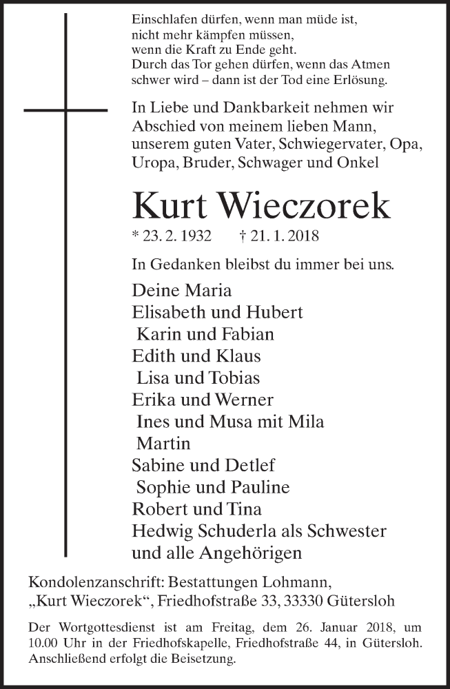  Traueranzeige für Kurt Wieczorek vom 23.01.2018 aus Neue Westfälische