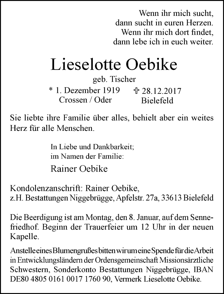 Traueranzeige für Lieselotte Oebike vom 03.01.2018 aus Neue Westfälische