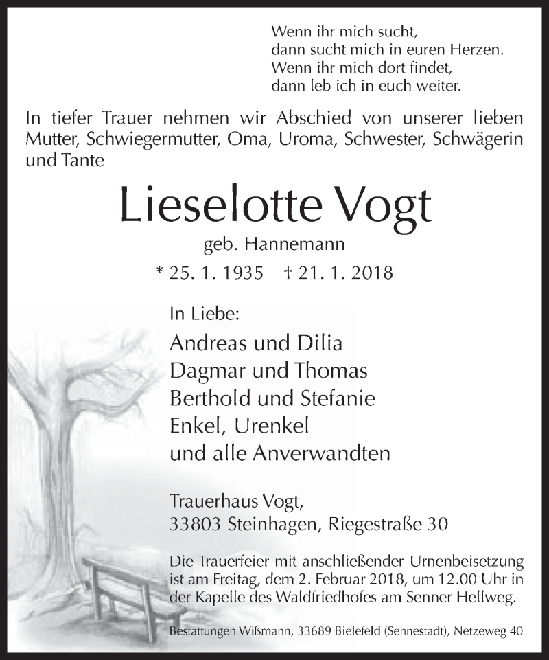  Traueranzeige für Lieselotte Vogt vom 27.01.2018 aus Neue Westfälische