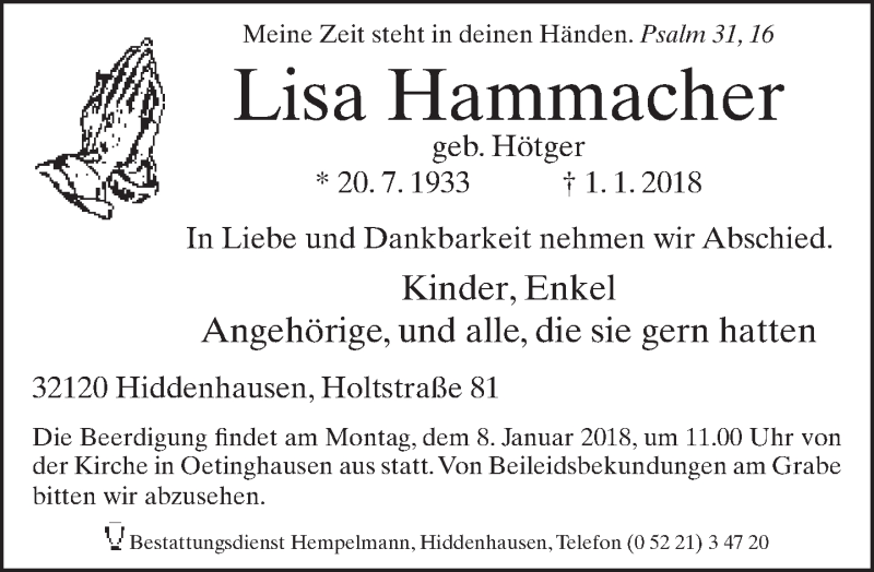  Traueranzeige für Lisa Hammacher vom 03.01.2018 aus Neue Westfälische