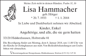 Traueranzeige von Lisa Hammacher von Neue Westfälische