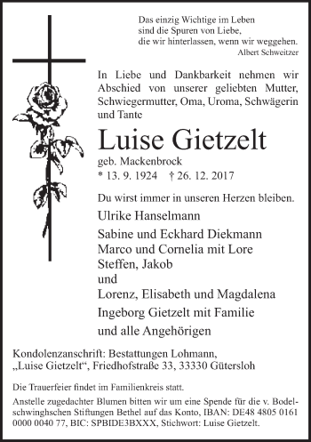 Traueranzeige von Luise Gietzelt von Neue Westfälische