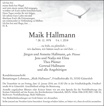 Traueranzeige von Maik Hallmann von Neue Westfälische