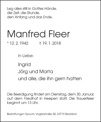 Traueranzeige von Manfred Fleer von Neue Westfälische